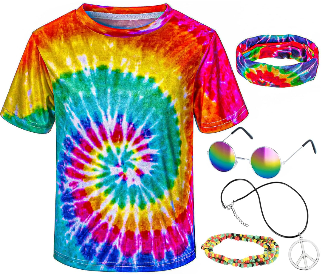 Hippie Costume for Men Momen 60s 70s Colorful T-Shirt 5 PCS Accessories Set for Theme Party, Size XL