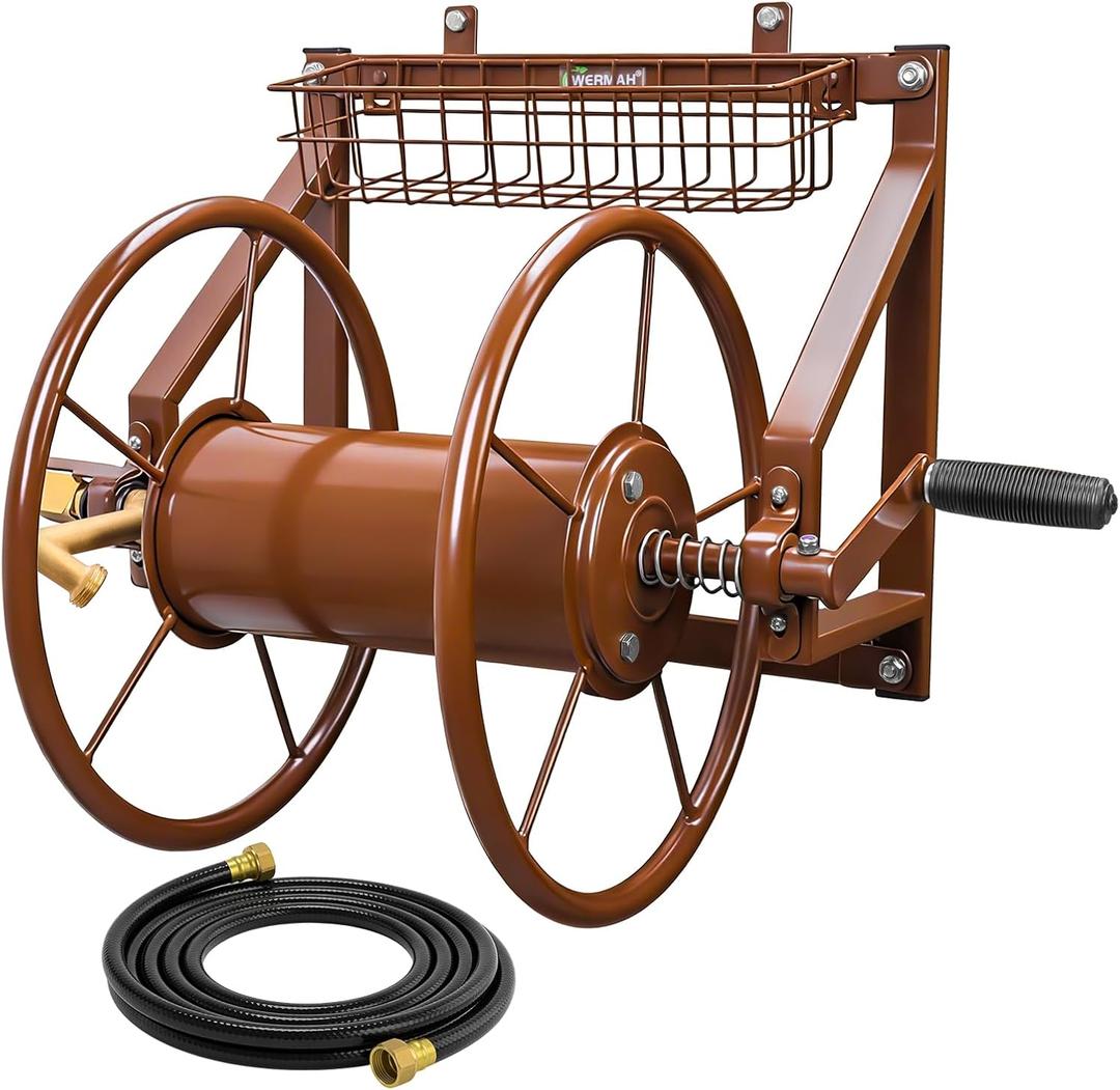 Garden Hose Reel Wall Mounted, Heavy Duty Hose Reel Holds 155ft of 5/8-inch Hose, Outdoor Metal Water Hose Organizer with 6.5ft Leader Hose & Brass Fitting for Outside