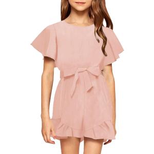 Girls Crew Neck Trim Short Sleeve High Waist Ruffle Jumpsuits With Belt (10-12 Years, Pink)