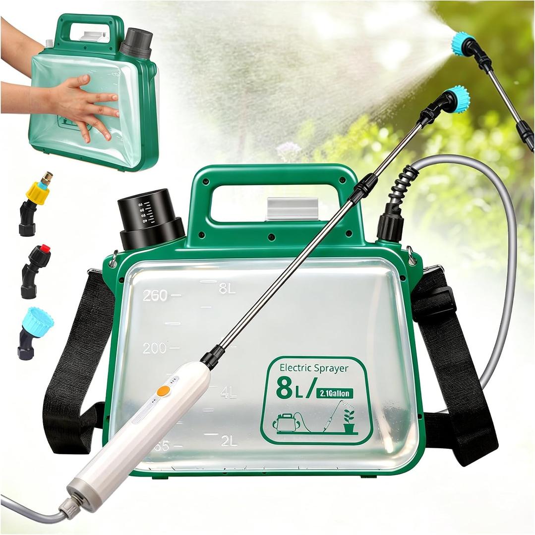 2.1 Gallon Battery Powered Sprayer, Upgraded Electric Weed Sprayer with USB Rechargeable Handle Retractable Wand, 3 Mist Nozzles Leak-Proof & Chemical-Resistant for Lawn,Garden,Farm (Green)