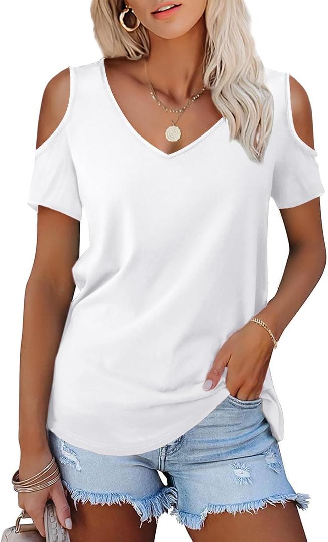 Amoretu Women's Short Sleeve Shirts Cold Shoulder Tops V Neck Blouse Tunic Shirts (White, XL)