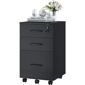 Panana 3 Drawer Wood Mobile File Cabinet, Under Desk Storage Drawers Small File Cabinet for Home Office (Black)
