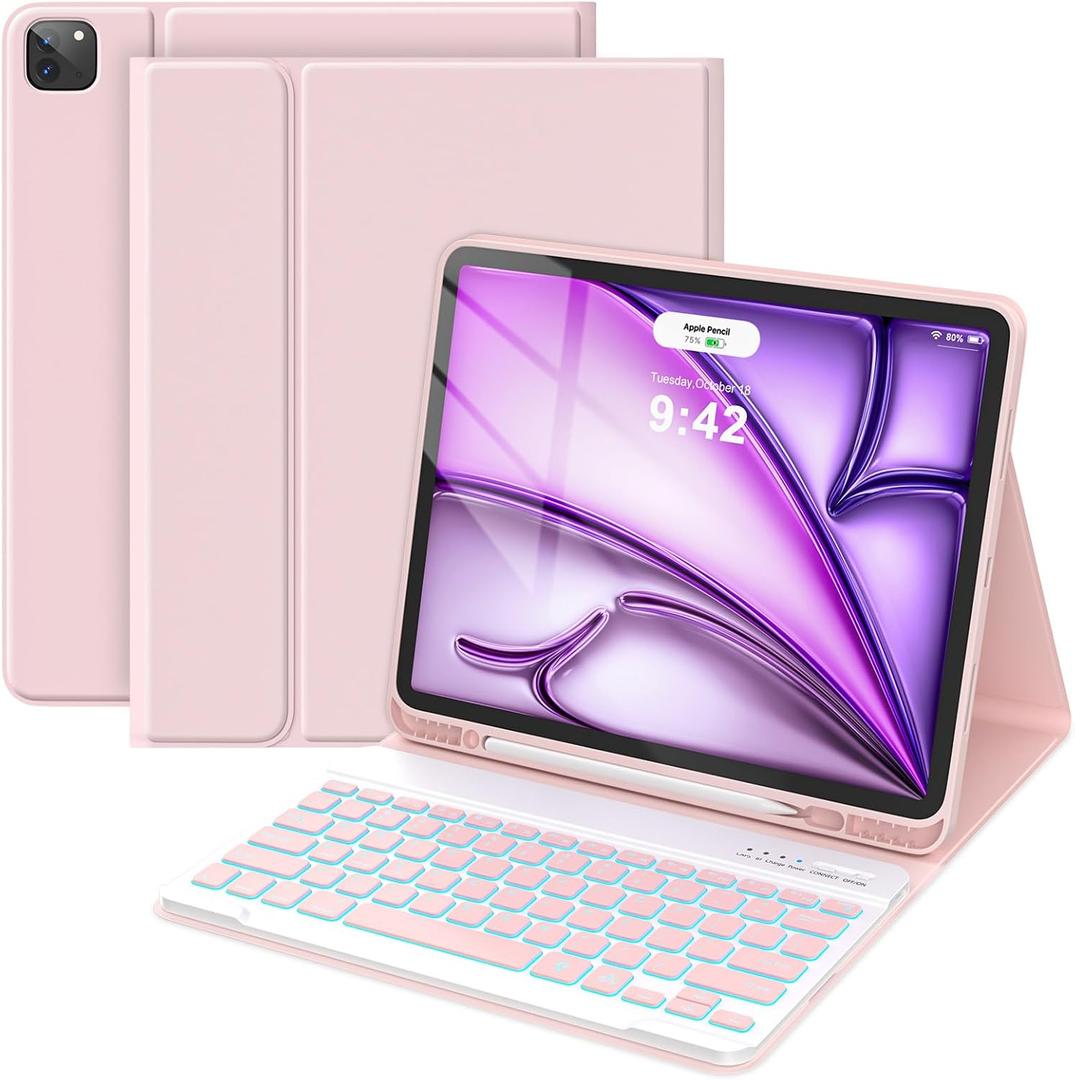 COO for iPad Air 13 Inch Case Keyboard (M4/M3/M2, 2026/2025/2024), Keyboard Case for iPad Pro 12.9 inch 5th/6th Gen with Pencil Holder - Wireless Detachable Backlit Keyboard with Auto Sleep/Wake (Pink)