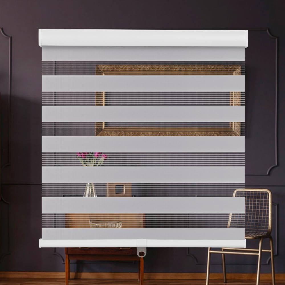SMONTER Cordless Zebra Blinds for Windows Zebra Roller Shades with Metal Valance Free Stop Dual Layer Sheer Blinds Day Night Privacy Light Filtering, W42 x H72, Light Grey