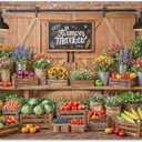 7x5ft Fabric Farmers Market Backdrop Fresh Vegetables Flowers Wooden Barn Spring Photography Background Baby Shower Birthday Party Decorations Photo Banner Props