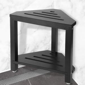 IBosins Corner Shower Stool with Storage Shelf Shower Foot Rest for Shaving Legs Small Bench for Inside Shower to Sit on Bath Seat - Acacia Wood, Black