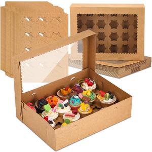 10 Pack 24 Count Cupcake Boxes, Mini Cupcake Containers, 14.9 x 11 x 4 Inch Kraft Disposable Bakery Boxes with Window and Inserts for Birthday Holiday Party Bakery Desserts (Brown)