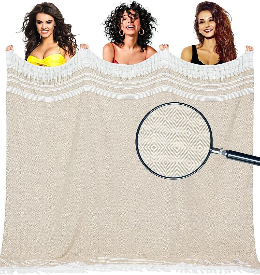 Oversized Turkish Beach Towel Blanket Cotton Giant XL Sandproof Towels Huge Linen XXL Extra Large Big Throw Quilt Blankets for Adults Cloud Travel Camping Glamping Accessories Essentials (Extra Large 82"x88"208x224cm, Beige)