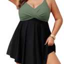 Hanna Nikole Women Plus Size One Piece Swim Dress Tummy Control Swimsuits Twist Front Bathing Suit Body Shaping Swimwear (Green Black) US 22