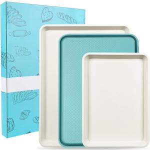 3-Pack Blue Ceramic-Coating Baking Sheet Pans, PFOA/PFOS/PTFE-Free Nonstick Cookie Sheet Trays, 0.8mm Thick Heavy Duty, with Diamond Texture, Replacement Toaster Oven Tray for Everyday Baking