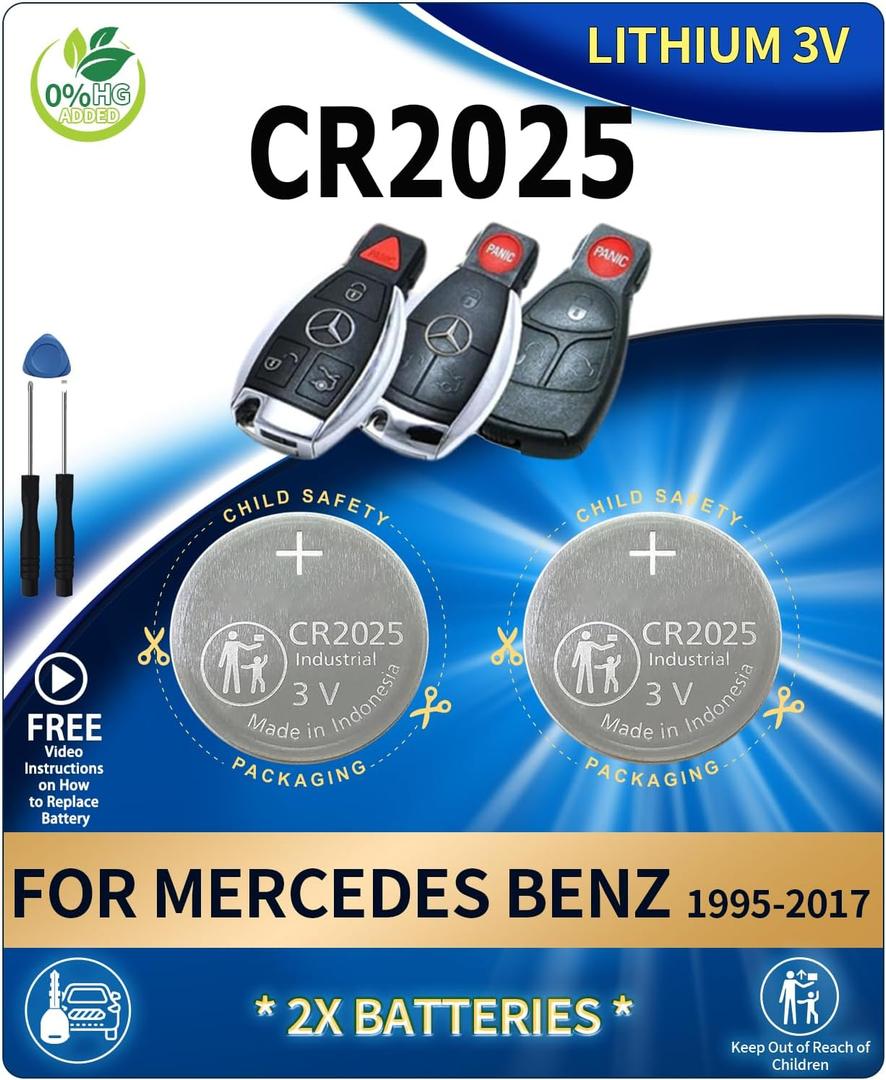 2 Pack CR2025 Key Fob Replacement Batteries for Mercedes-Benz (C-Class E-Class ML S-Class Sprinter GLC GL CLA CLK GLE GLA SLK SL CLS GLS R C300 E350 ML350 C280) Remote Key (Check Fitment Guide)