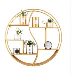 Round Wall Shelf,24 inch Metal Circle Shelf Wood Floating Shelves,Rustic Gold Wall Mounted Display Organizer Shelf for Fireplace,Living Room,Bathroom