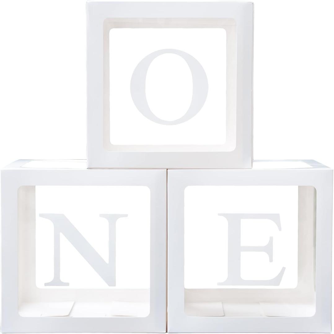 First Birthday Decoration for Baby Boy or Girl, Balloon 'ONE' Boxes for 1st Birthday, Clear Cube Blocks Party Decor With One Letters, 3 Pcs ONE Balloon Boxes for Cake Smash Backdrop, Photoshoot Props