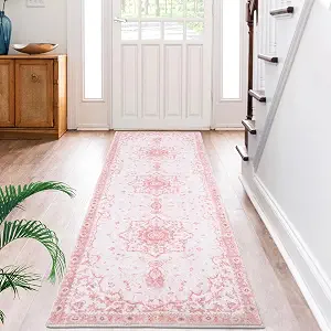 Sofrug Hallway Runner Rug, 2x8 Floral Pink Area Rug, Honeycomb Non Slip Kitchen Runner Rugs, Washable Soft Faux Wool Rug for Hallways Entryway Kitchen Laundry Bedroom