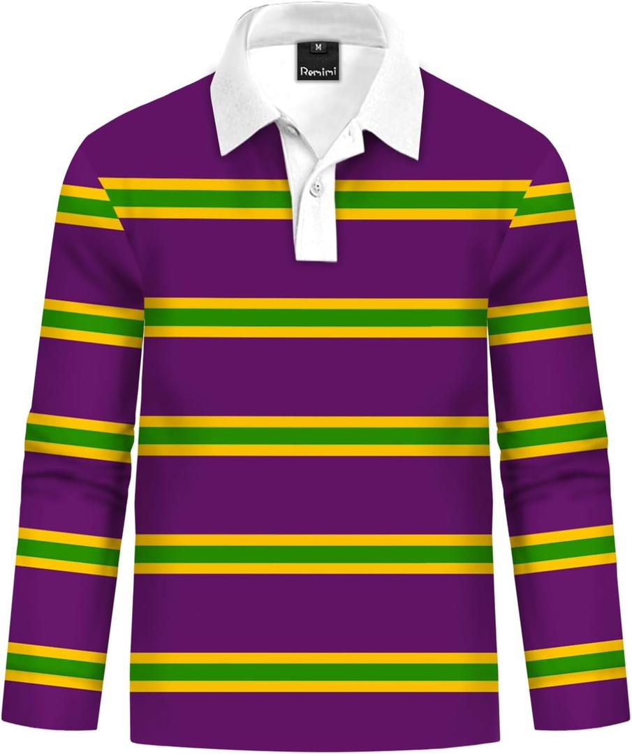 Remimi Kids Valentines Print Polo Shirt Mardi Gras Long Sleeve Collared Shirts 5-14 Years (5-6 years, Purple)