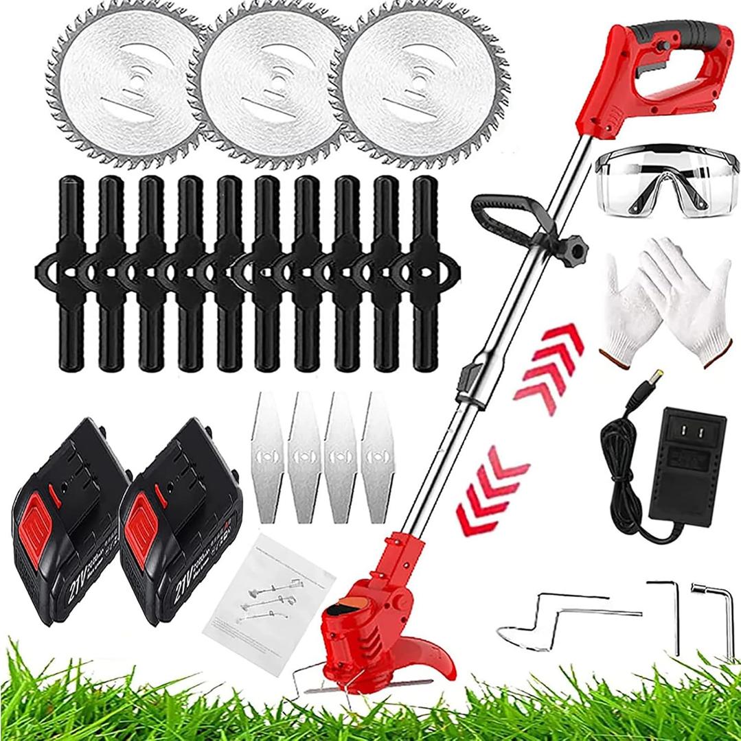 Weed Wacker Electric Cordless Grass Trimmer,with 3Types Blades,Included 2Pcs 24v 4Ah Batteries Electric Stringless Weed Trimmer Lightweight 2.6lb for Yard and Garden (red)