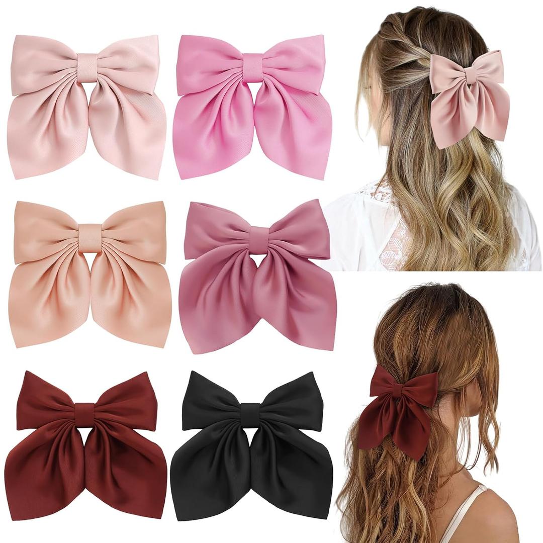 6Pcs Hair Bows for Women, Bow Hair Clips, Silky Satin Hair Bows for Girls, Pink Brown Hair Ribbon for Winner Outfit, Cute Bow Clips for Wome, Pink Brown Colors