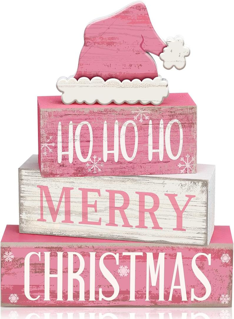 4 Pcs Christmas Table Decorations Pink Santa Hat Decor Christmas Tiered Tray Decor Rustic Wood Pink Hat Block Sign Gift Xmas Table Centerpiece Farmhouse for Home Shelf Kitchen Decorations