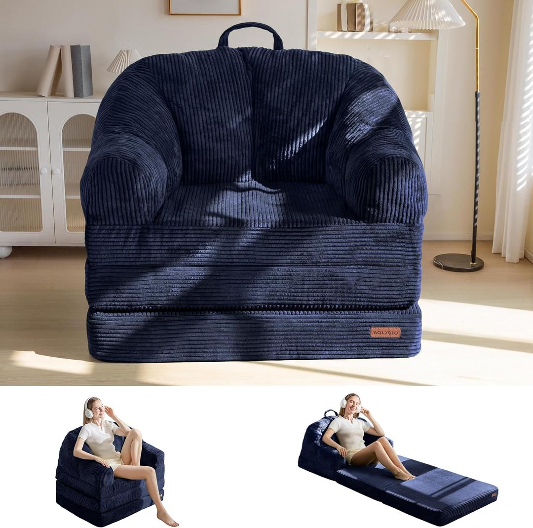 MAXYOYO Folding Sofa Bed with Backrest, Boneless Fold Out Couch Bed with Handle, 2 in 1 Convertible Bean Bag Chair to Floor Sofa Lounger, Comfy Folding Couch for Bedroom & Living Room, Navy
