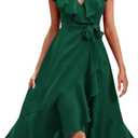 RETTYGARDEN Women's 2026 Spring Cross Midi Dress Casual Boho Deep V Neck Short Sleeve Ruffle Hem Split Beach Long Dresses (X-Large, Dark Green)