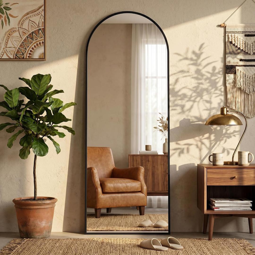 59"x19" Arched Full Length Floor Mirror, Standing Mirror with Aluminum Frame, Large Body Mirror of Free Standing/Wall Mount/Leaning for Bedroom, Living Room, Dressing Room, Black