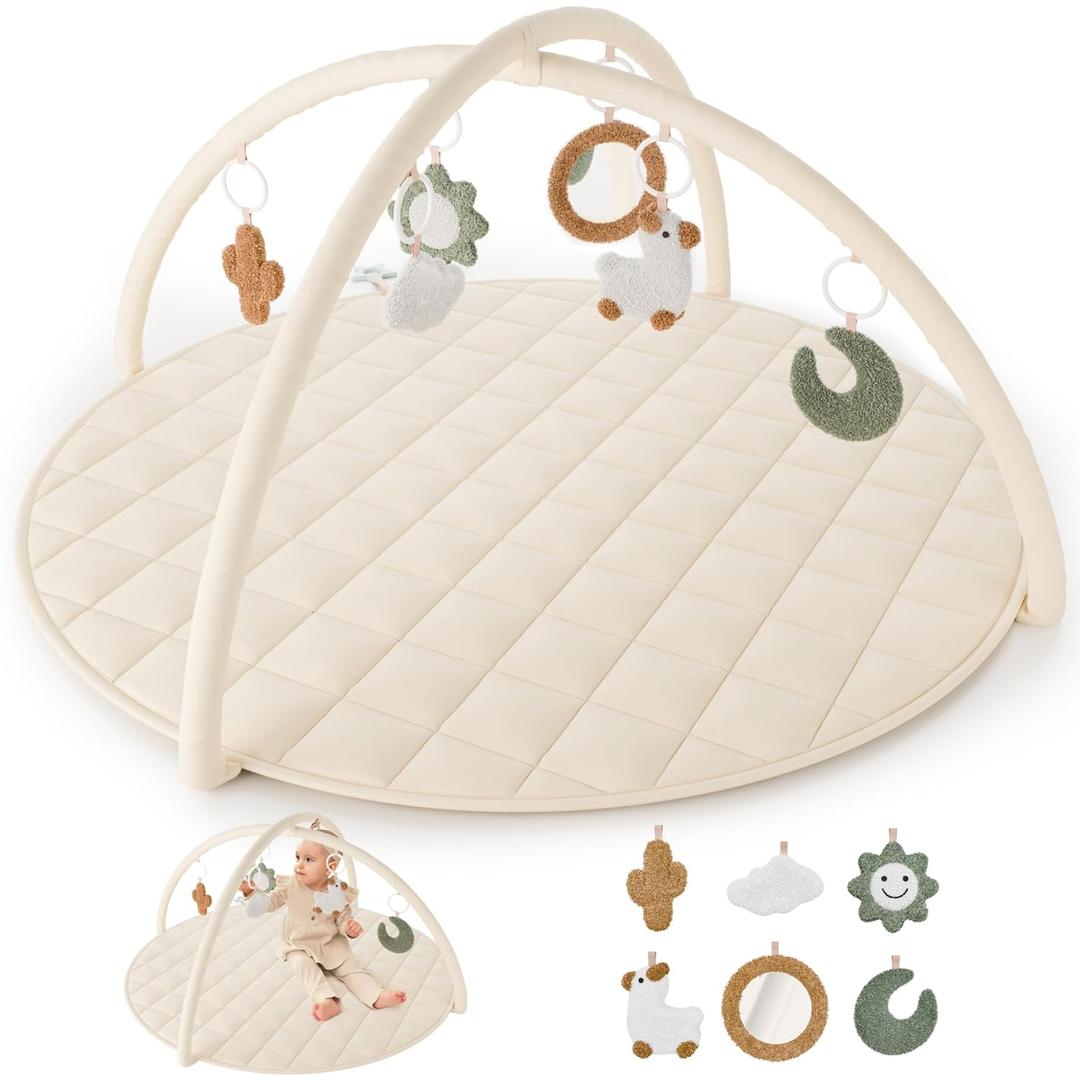 Beautiful Baby Play Gym and Tummy Time Mat - Soft Cotton Mat with 6 Cute Toys Creates The Perfect Activity Area for Your Girl/Boy - Stylish Infant Floor Playmat Fits Nicely with Any Playroom Decor (Beige)