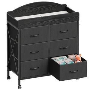 Yetom Baby Changing Table Dresser with Wheels, 6-Fabric Drawer Baby Dresser with Changing Table Top, Waterproof Diaper Changing Station & Pad, Mobile Storage Unit, Compact Baby Furniture, Black