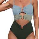 Fanuerg Women One Piece Swimsuit Ring Linked Swim Bathing Suit Sexy Cut Out Monokini Swimwear Color Block Green, M
