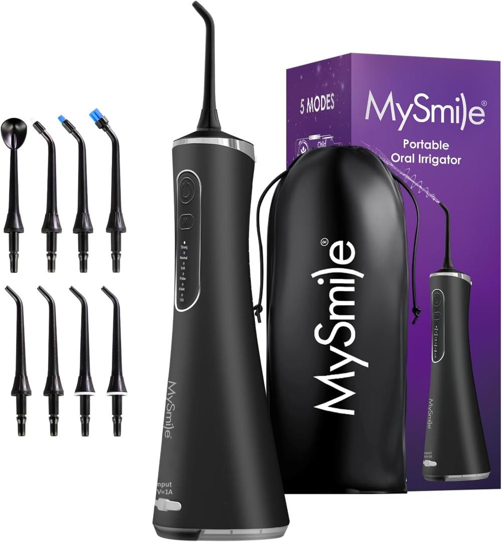 MySmile LP211 Cordless Water Flossers, Portable Rechargeable Oral Irrigator for Teeth Cleaning, 5 Cleaning Modes, IPX7 Waterproof, 8 Replacement Tips and a Storage Pouch (Midnight Black)