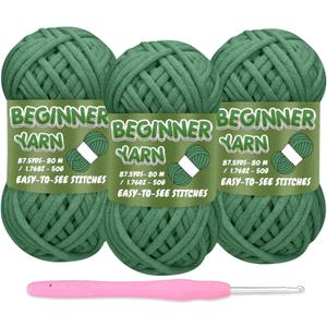 3 Pack Beginners Crochet Yarn, Christmas Green Cotton Yarn for Crocheting Knitting Beginners, Easy-to-See Stitches, Chunky Thick Bulky Cotton Soft Yarn for Crocheting (3x50g)