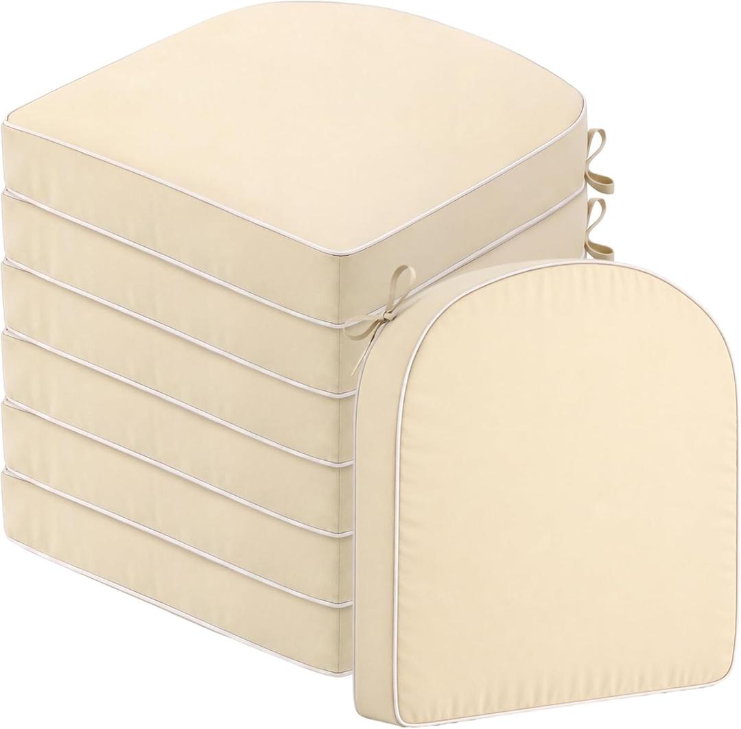 Pickmesh 6 Pcs Outdoor Patio Chair Cushions 19" x 19" Waterproof Seat Cushion with Tie and Handle Square Round Corner Chair Seat Pad TPU Cover for Outdoor Furniture Patio Dining Indoor (Beige)