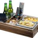 MyGift Couch Caddy Rustic Burnt Solid Wood and Premium Clear Acrylic TV Snack Tray with 2 Stainless Steel Snack Bowls, Dual Cutout Anti-Spill Drink Holders, Remote Control and Cell Phone Slots