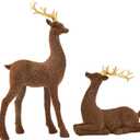 DN DECONATION Christmas Decorations Reindeer Figurines, Deer Decor Statues with Gold Antlers, 2PCS Flocked Brown Reindeer Xmas, Decorations for Christmas Village Table Top Mantle Winter Room Decor