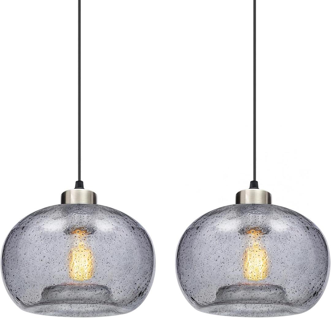 Modern Hand Blown Pendant Lights Kitchen Island, Clear Seeded Glass Kitchen Pendant Light Fixtures, Brushed Nickel Globe Ceiling Hanging Light Fixture Foyer Entryway Dining Room, 2 Pack