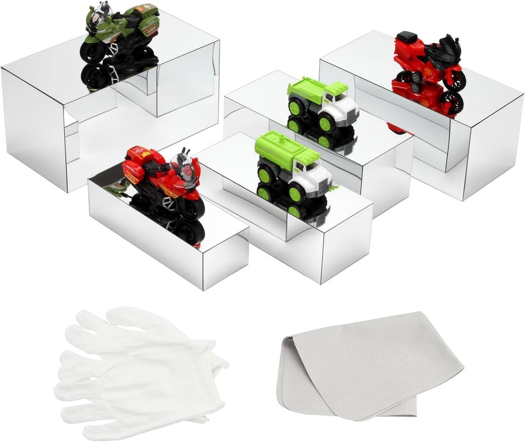 5 Pcs Glossy Silver Mirror Acrylic Risers for Display, Rectangular Buffet Riser with Hollow Bottom Display Stand Shelf, Acrylic Box Nesting Display Riser for Jewelry Figures Party Shoe Bag Rack