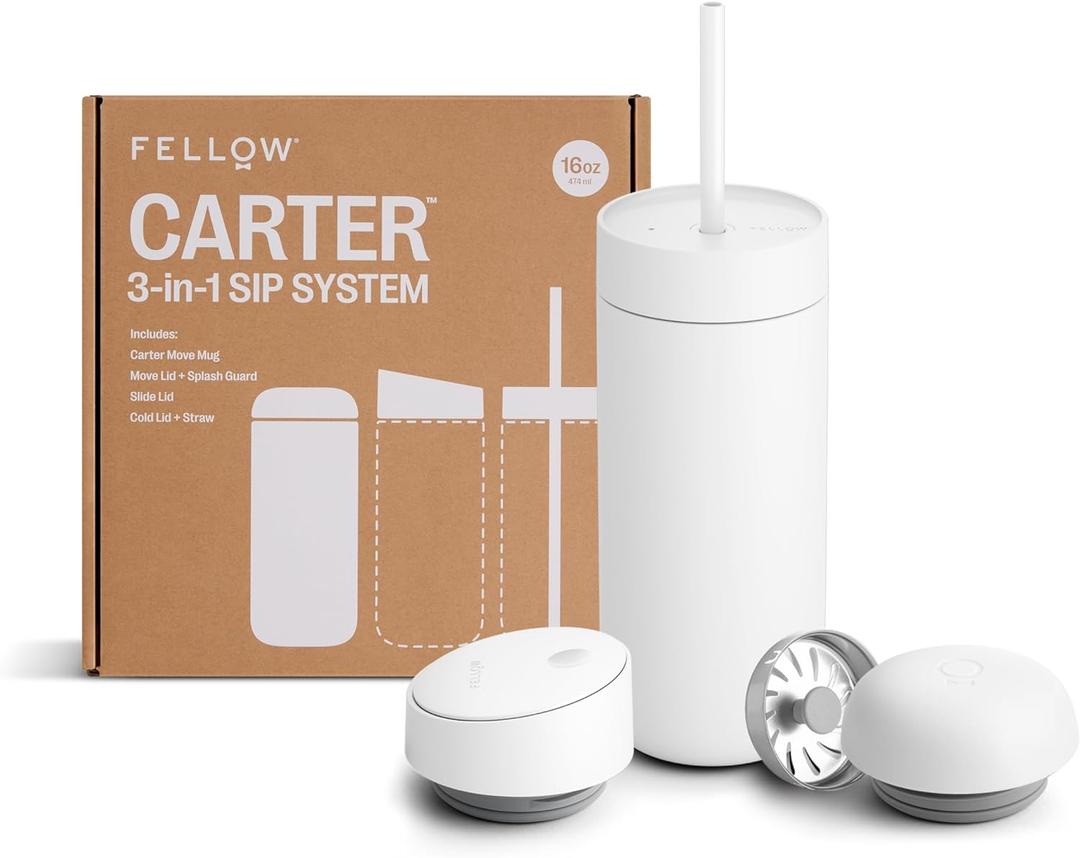 Fellow 16 oz Carter Bundle (3 in 1) Travel Mug with Slide-Lock, Move & Cold Lids with Straw - To-Go Coffee Tumbler, Ceramic Interior & Vacuum-Insulated Stainless Steel - Coffee Cups-Matte White
