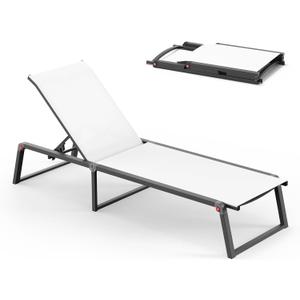 Aluminum Chaise Lounge Chair Outdoor, Foldable& No Assembly Patio Pool Lounge Chairs 5-Position Recliner for Outside, Fully Grounded Legs Sun Lounger for Poolside, Bright White, 1 Pack