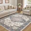 6x9 Washable Area Rugs for Living Room: Non Slip Vintage Beige Blue Rug, Large Soft Stain Resistant Indoor Floor Carpets for Bedroom Dining Room Nursery Home Office Kid & Pet Friendly