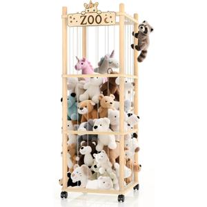 Stuffed Animal Storage Zoo Tower,56In Wooden Large Stuffed Animal Holder Organizer with Wheels,Stuffy Plushies Storage with Elastic Band&Mesh Bottom,Toy Storage Organizers for Playroom Bedroom Nursery