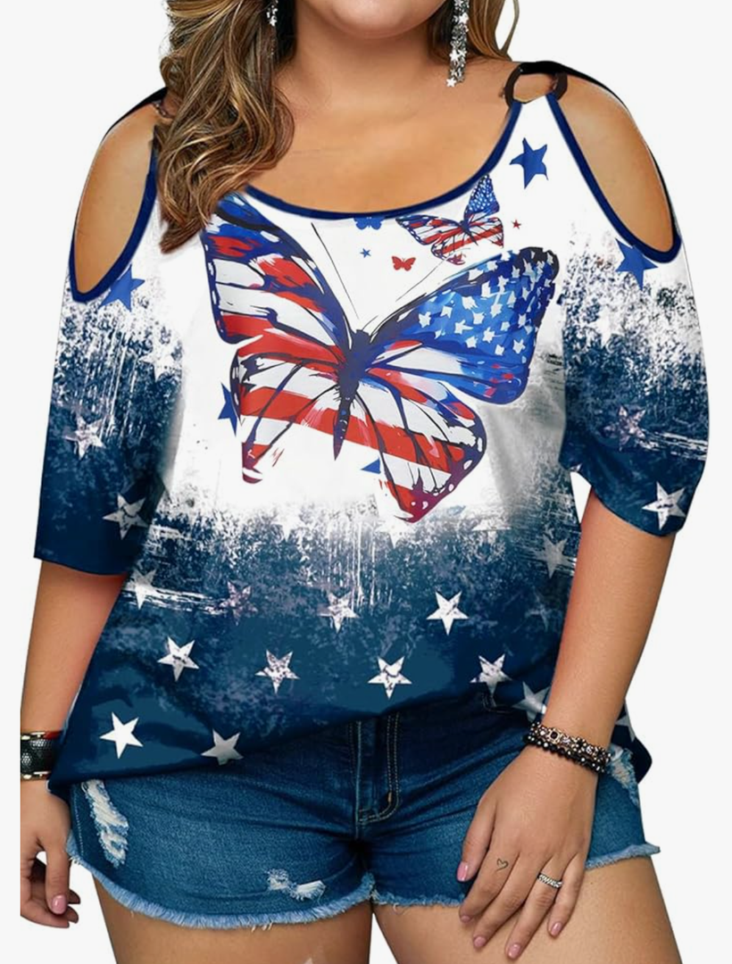 MNLYBABY Plus Size American Flag Shirt Women 4th of July Tee Shirt USA Stars Stripes T-Shirt Patriotic Cold Shoulder Tops 3 XL