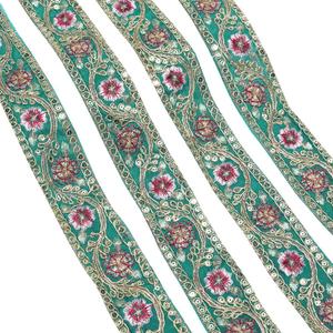 10 Yards 1.61 Inch Green Jacquard Ribbon Boho Gold Sequin Bead Flower Embroidery Woven Trim Tape Polyester Floral Embroidered Applique Ribbons for Sewing Making Crafts Cloth Dress Home Decor, Dark Cyan