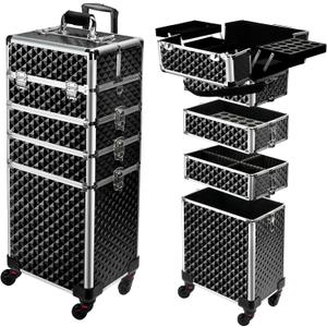 TOPACK 4-In-1 360°Rotaing Rolling Makeup Train Case with Trolley/Drawer