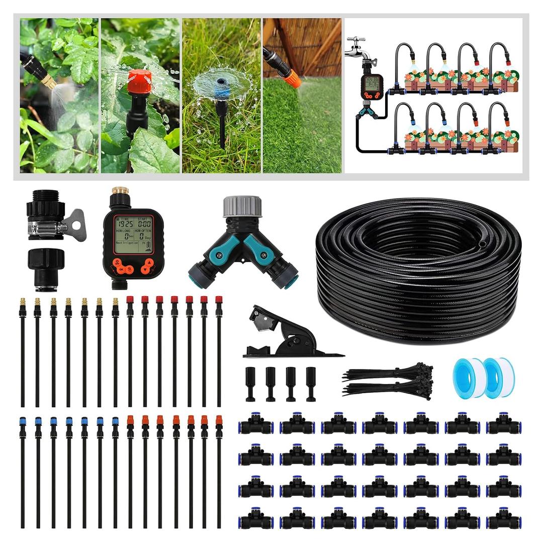100FT Drip Irrigation Kit - 28 Adjustable 360 Nozzles & T-Connectors for Garden, Lawn & Plant Watering System