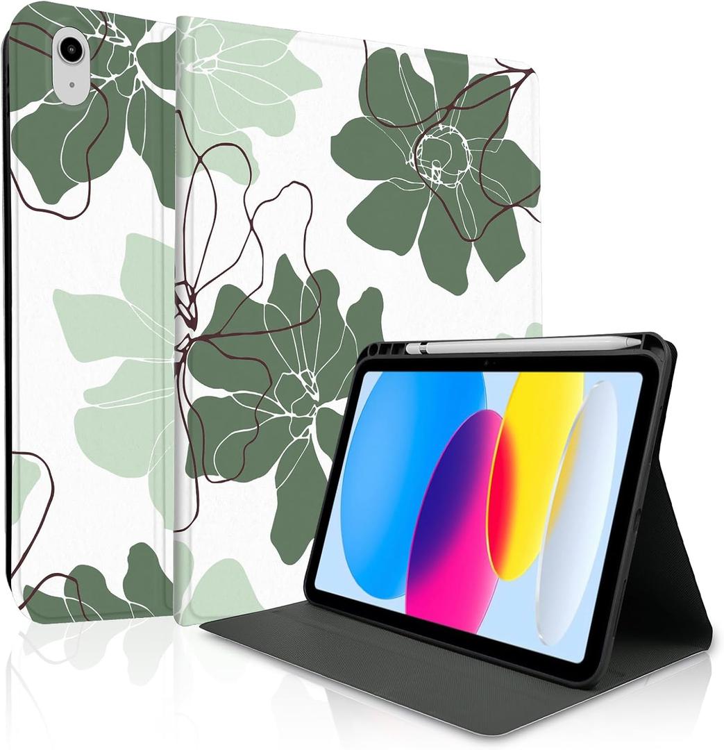 TopPerfekt Case for iPad 11th (A16) 11-inch 2025 / iPad 10th Generation 10.9-inch 2022 - TPU Shockproof Frame and Folio Leather Cover [Pencil Holder, Auto Sleep/Wake] Green Flower