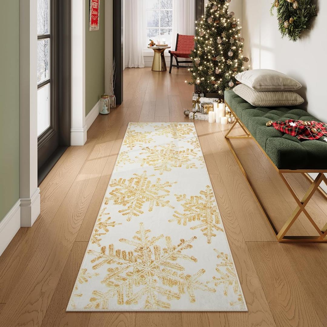 Lahome Snowflake Christmas Runner Rug, 2x6 Non Slip Christmas Rug Runners for Hallways Non Skid Washable Runner Rug Holiday Decor Carpet Runner for Kitchen Bedroom Laundry(2x6ft,Gold)