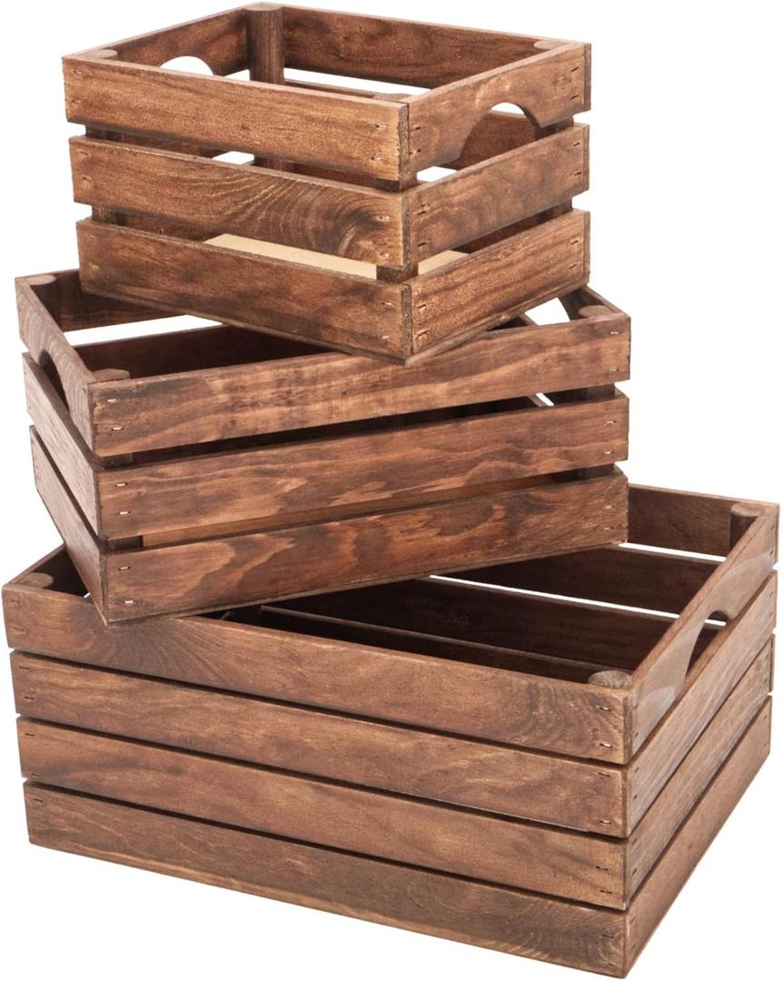 Rustic Wood Crates for vintage decorative display, Nesting Crate set for storage and farmhouse style decor, wooden boxes made from 100% Wood (Dark Brown, Nested Set of 3)