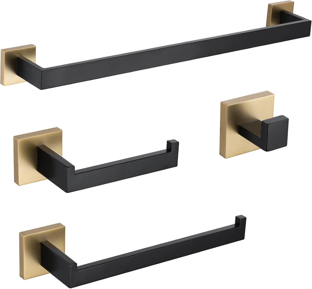 TURS 4-Piece Bathroom Hardware Set Black and Brushed Gold Towel Bar Set Hand Towel Holder Toilet Paper Holder Towel Hooks,Stainless Steel Wall Mounted 16 Inch Towel Bar