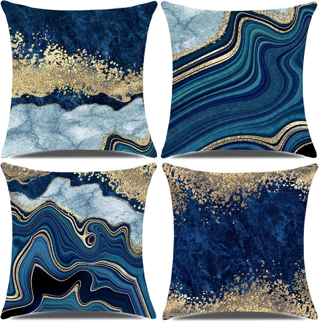Blue Throw Pillow Covers 18x18inch, Set of 4 Decorative Soft Accent Pillows Covers, Blue and Gold Square Cushion Covers for Living Room Decor Sofa Couch Pillow Cases
