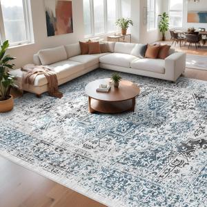 9x12 Large Area Rug - Vintage Washable Rug for Living Room with Non-Slip Low-Pile Traditional Medallion Border Rugs with Stain Resistant Foldable Retro Accent Carpet (9' x 12', Blue)