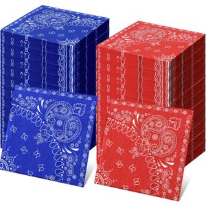 Teling Western Party Bandana Napkins 2 Ply Disposable Paisley Print Paper Napkin Bulk Cowboy Theme Party for Western Cowboy Birthday Rodeo Yeehaw Bday, 6.3" x 6.3"(Red Blue,100 Pcs)